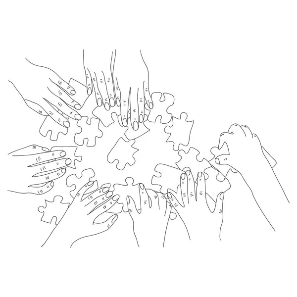 Иллюстрация Рук Играющих Пазл Деловые Люди Вместе Ищут Решение — стоковый вектор