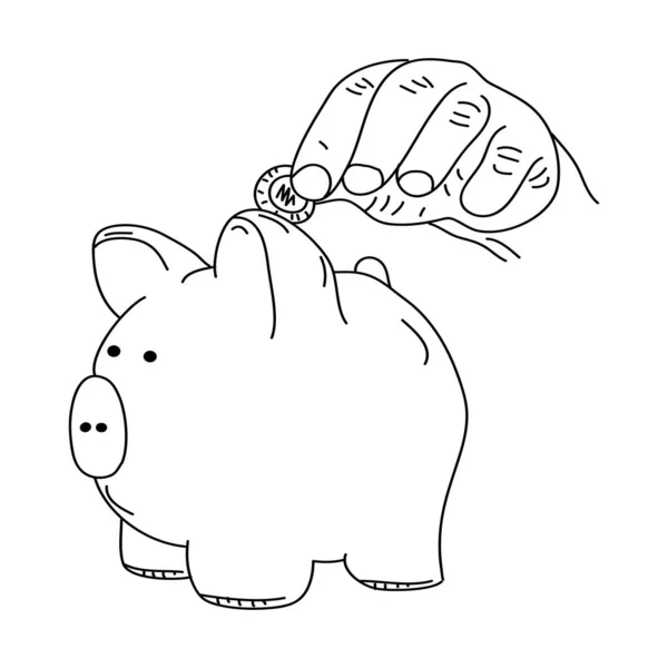Szkic Ilustracja Piggy Bank Ręcznymi Uchwytami Monety — Wektor stockowy