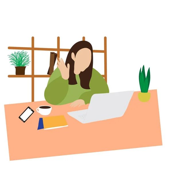 Vector Illustration Woman Doing Online Meeting Her Laptop Home Simple — Stock Vector