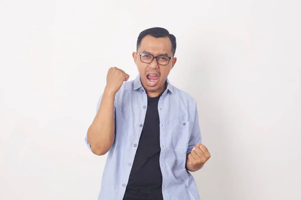 Happy Energetic Young Asian Man Yelling Clenching Fists Isolated White — Stock Photo, Image