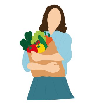 Bir çanta sebze ve meyve taşırken ayakta duran kadının vektör çizimi
