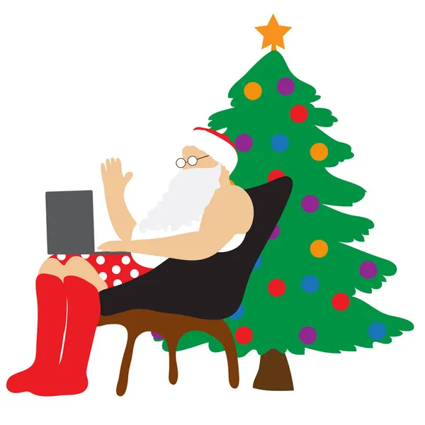 Ilustração Vetorial Santa Cláusula Detém Laptop Com Árvore Natal Época —  Vetores de Stock