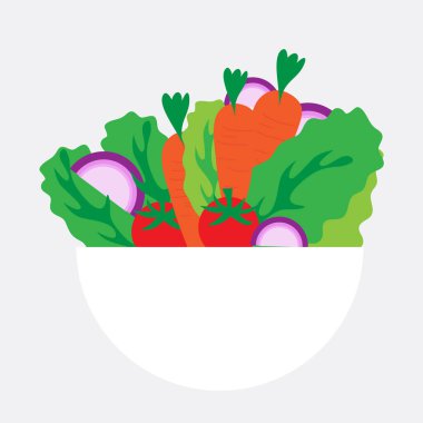 Derin beyaz bir kasede sebze salatası. Beyaz arkaplanda vektör illüstrasyonu.
