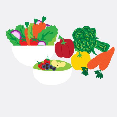 Derin beyaz bir kasede sebze salatası. Beyaz arkaplanda vektör illüstrasyonu.