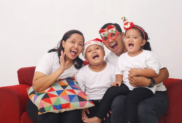 Happy Asian Family Celebrating Christmas New Year While Sitting Red — Stockfoto
