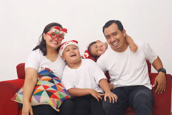 Happy Asian Family Celebrating Christmas New Year While Sitting Red — 图库照片