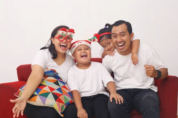 Happy Asian Family Celebrating Christmas New Year While Sitting Red — Foto de Stock