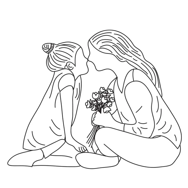 Мама Держит Цветок Дочь Целует Маму Контурная Векторная Иллюстрация День — стоковый вектор