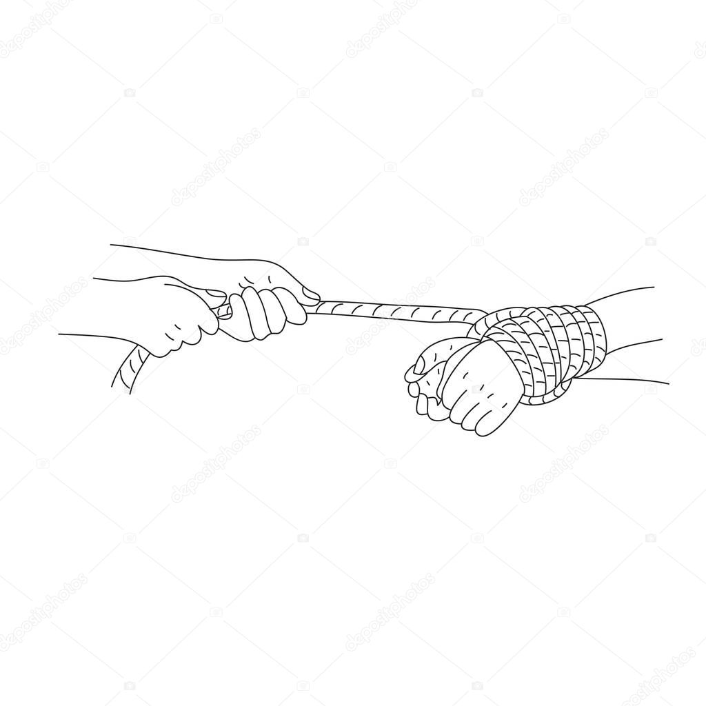 A hand is tied and pulled by the other hand. Kidnapping and human trafficking concept