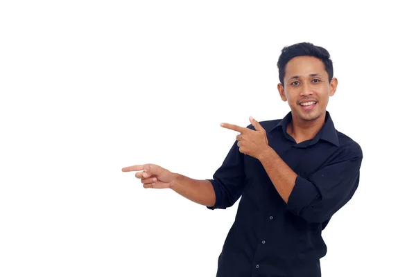 Genç Adam Işaret Parmağı Ile Beyaz Arkaplanı Kopyala — Stok fotoğraf
