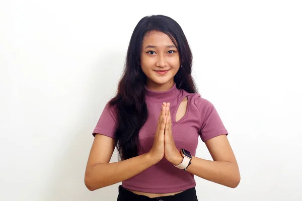 Asian Girl Standing Hands Clasped Looking Camera Isolated White Background — ストック写真