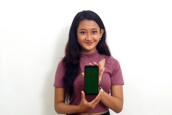 Asian Woman Showing Portrait Blank Screen Mobile Phone Hand Isolated — ストック写真