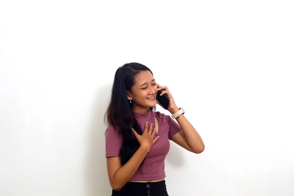 Asian Girl Talking Phone Friend Isolated White Background — Stock Photo, Image