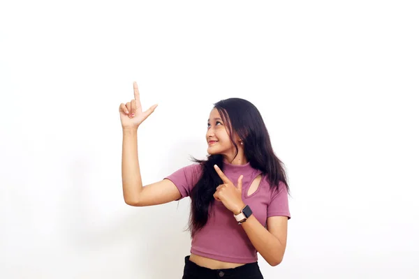 Asiatisches Mädchen Zeigt Und Blickt Mit Den Händen Nach Oben — Stockfoto