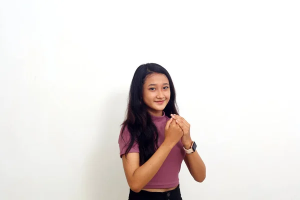 Lugn Avslappnad Asiatisk Flicka Med Vänliga Uttryck Isolerad Vit Bakgrund — Stockfoto