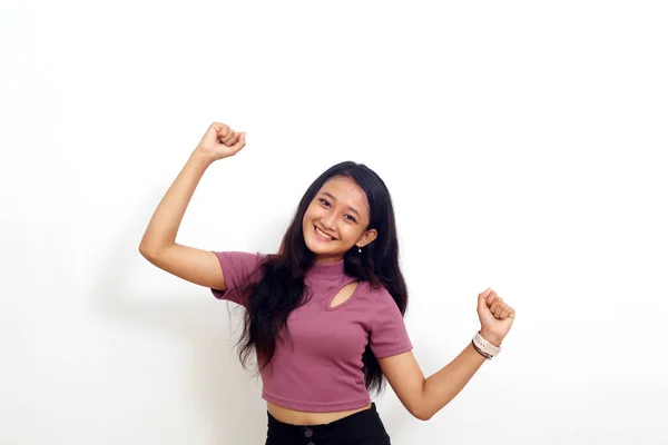 Photo Portrait Young Girl Overjoyed Dancing Wearing Casual Clothes Isolated — 스톡 사진