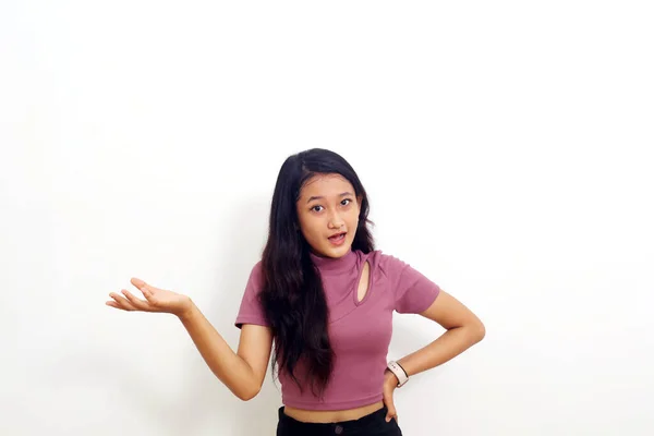 Beautiful Asian Girl Presenting Something Her Isolated White Background Copyspace — 스톡 사진