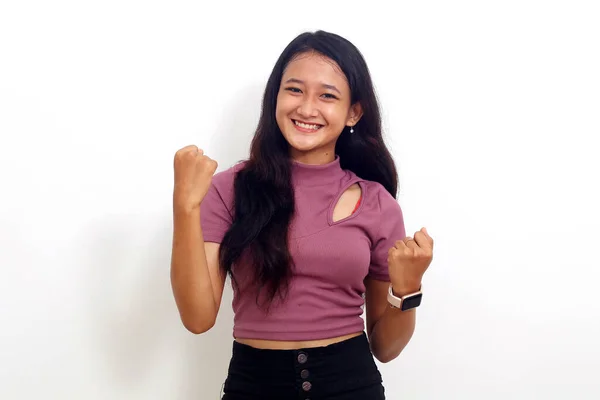 Photo Portrait Young Girl Overjoyed Dancing Wearing Casual Clothes Isolated — 스톡 사진