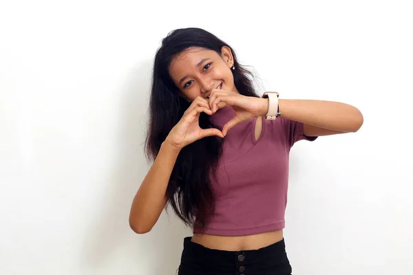 Asian Woman Showing Heart Gesture Two Hands Looking Camera Isolated — Stock Photo, Image