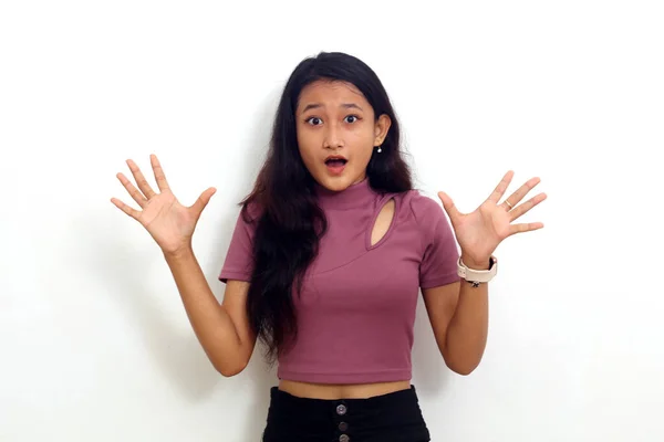 Asian Woman Shocked Surprised White Background — 스톡 사진