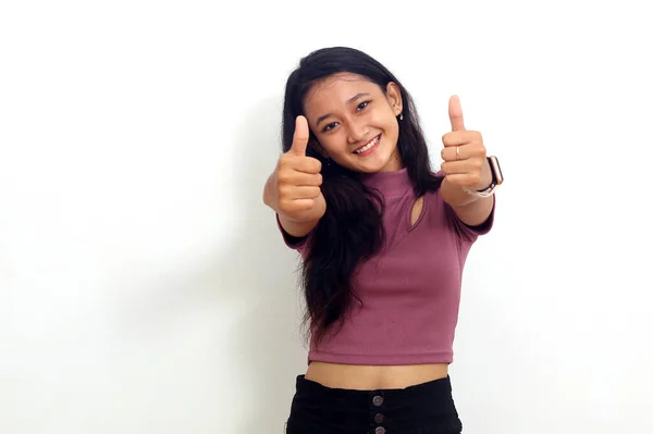 Asiatische Mädchen Zeigen Daumen Nach Oben Blick Auf Kamera Auf — Stockfoto