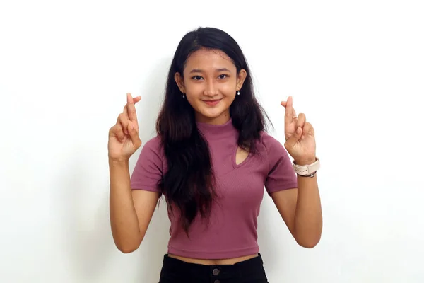 Smiling Asian Girl Crosses Her Fingers Isolated White Background — Stock Photo, Image