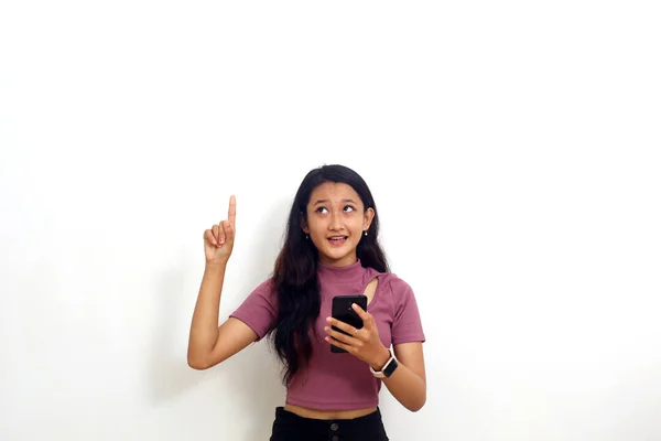 Asian Girl Holding Cellphone Hand Pointing Isolated White Background — Fotografia de Stock