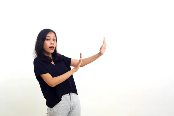 Asian Woman Standing Resisting Gesture Both Hands Isolated White — 스톡 사진