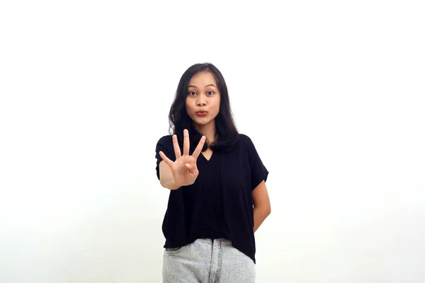 Asian Woman Raising Hand Showing Four Fingers Isolated White — Stock fotografie