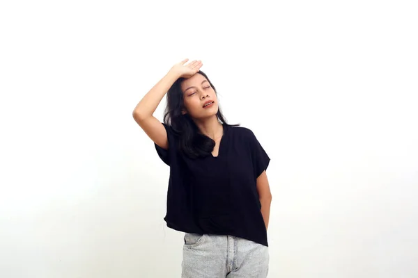 Asian Woman Standing Headache Tired Gesture Isolated White — 스톡 사진