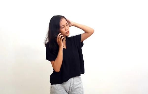 Asian Young Woman Suffering Headache Isolated White Background — Fotografia de Stock