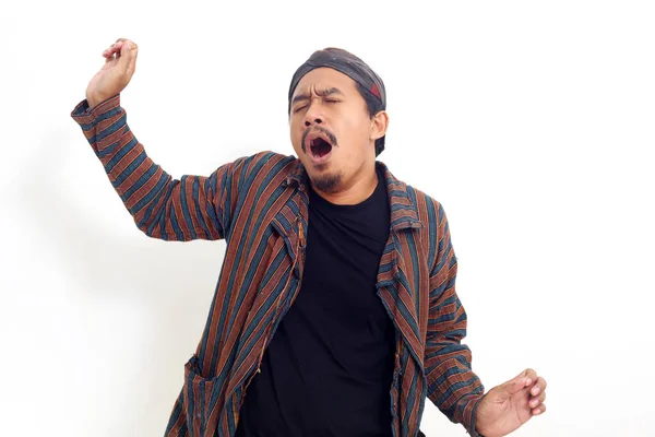 Sleepy Asian Man Standing While Yawning Isolated White Background — Foto de Stock
