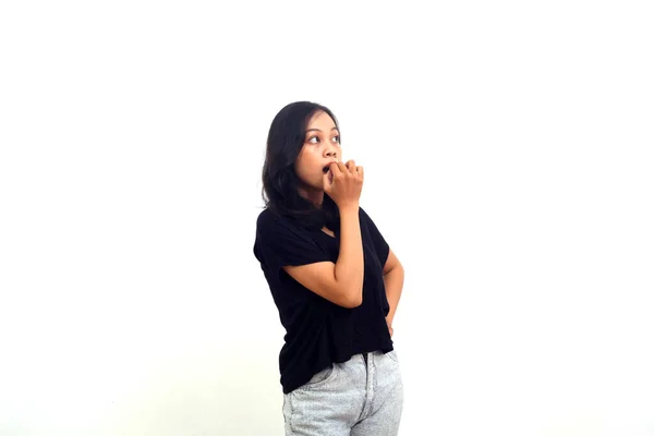 Asian Young Woman Covers Opened Mouth Palm Standing White Background — Fotografia de Stock