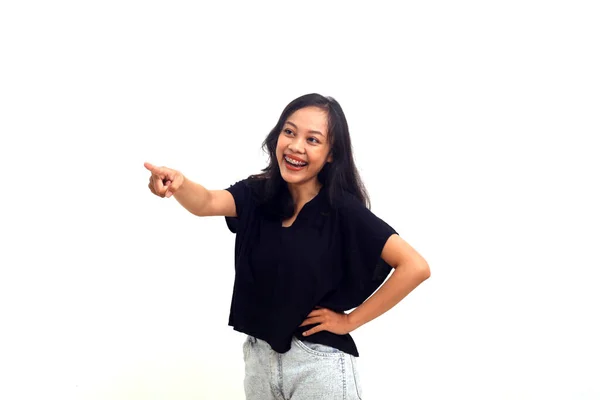 Asian Woman White Background Pointing Finger Surprised Ahead Something Front — 스톡 사진
