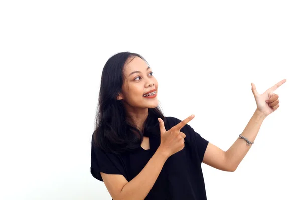 Portrait Beautiful Woman Wearing Black Shirt Pointing Left Side Smile — Fotografia de Stock