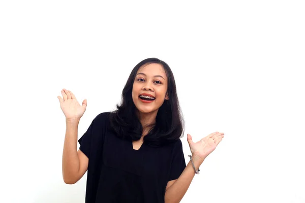 Portrait Excited Asian Woman Looking Camera Isolated White Background — ストック写真