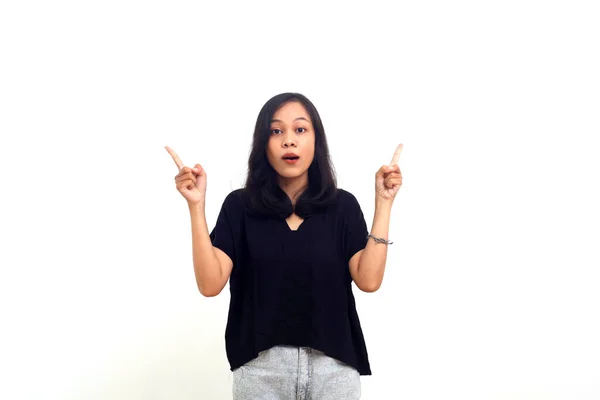 Asian Girl White Background Being Surprised Pointing Fingers Showing Something — 스톡 사진