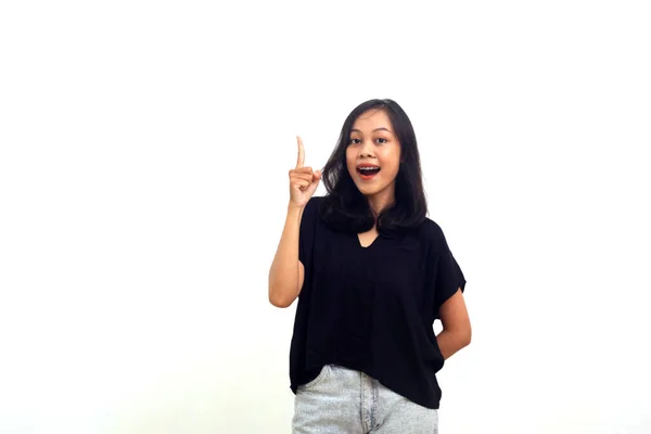 Asian Girl Pointing One Hand Finger Upper Side Smile Face — Stockfoto