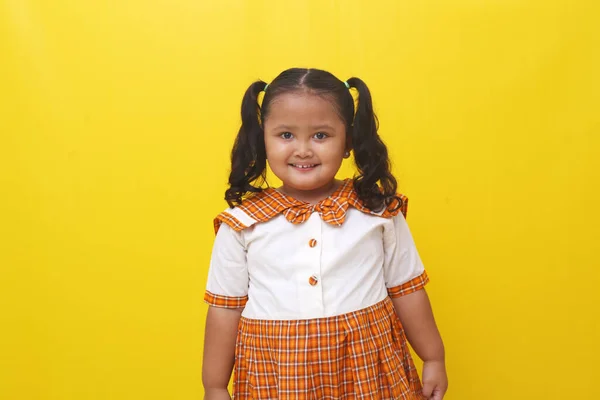 Asian Little Schoolgirl Standing While Smiling Back School Concept — Φωτογραφία Αρχείου