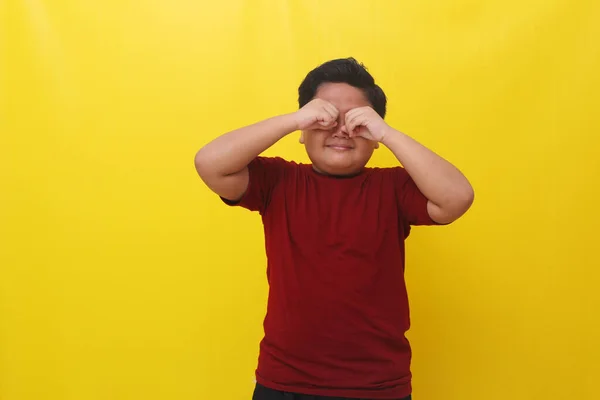 Happy Asian Boy Looking Fingers Shaped Binoculars Expressing Amazement Front — Stok Foto