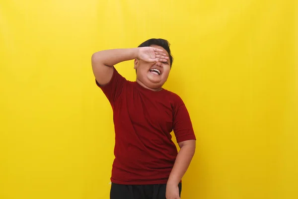 Asian Boy Standing Laughing Isolated Yellow Background — Foto de Stock