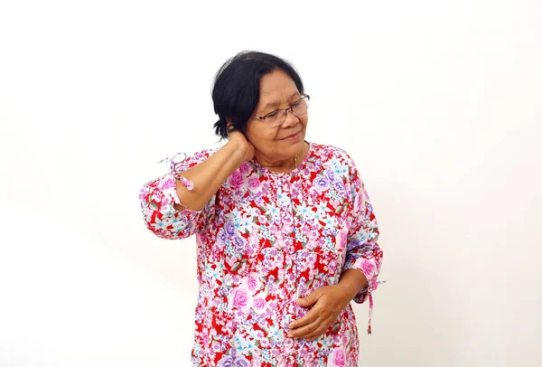 Asian Elderly Woman Has Pain Neck Isolated White Copyspace — Stok Foto
