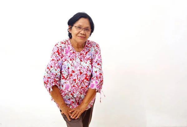 Asian Elderly Woman Training Doing Exercises Isolated White Background — Stock fotografie