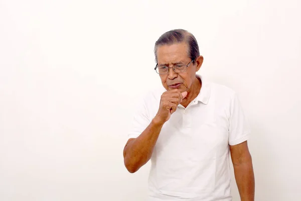 Elderly Asian Man Standing While Coughing His Fist Hand Isolated — Φωτογραφία Αρχείου