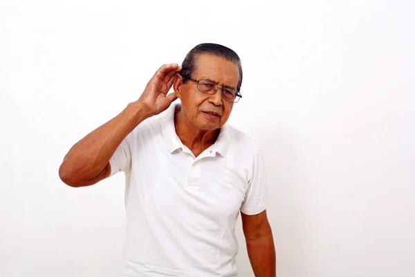 Portrait Asian Man Standing While Holds His Hand His Ear — Φωτογραφία Αρχείου