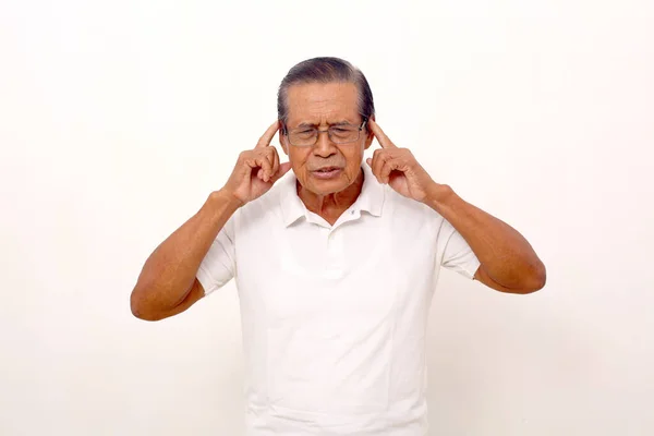 Portrait Elderly Asian Man Standing While Thinking Something Pointing Head — Foto Stock