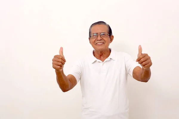 Elderly Asian Man Standing While Showing Thumbs Isolated White Background — Φωτογραφία Αρχείου