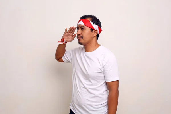 Side View Asian Man Standing Respect Gesture Indonesian Independence Day — Foto de Stock