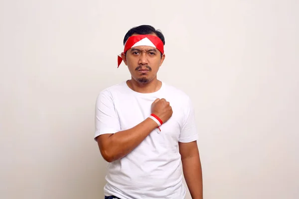 Asian Man Standing Nationalism Spirit Expression Indonesian Independence Day Concept — ストック写真