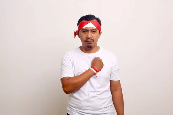 Asian Man Standing Nationalism Spirit Expression Indonesian Independence Day Concept — ストック写真